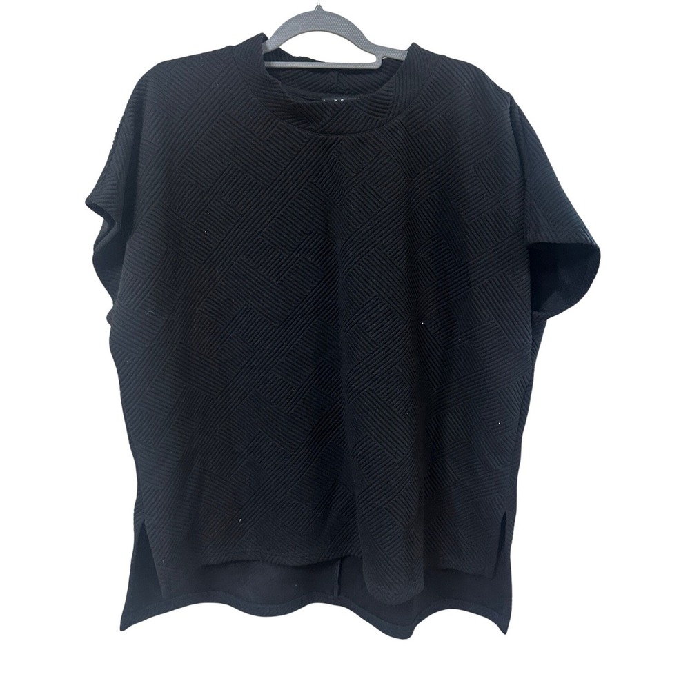 See n Be Seen + Women 1X Black Textured Geometric Mock Neck Short Sleeve Top